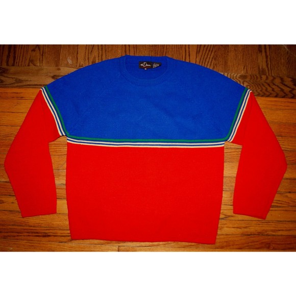 VTG 90s The Denver Mens XL Knit Sweater Blue Red Primary Color Stripe Ski Winter - Picture 1 of 8